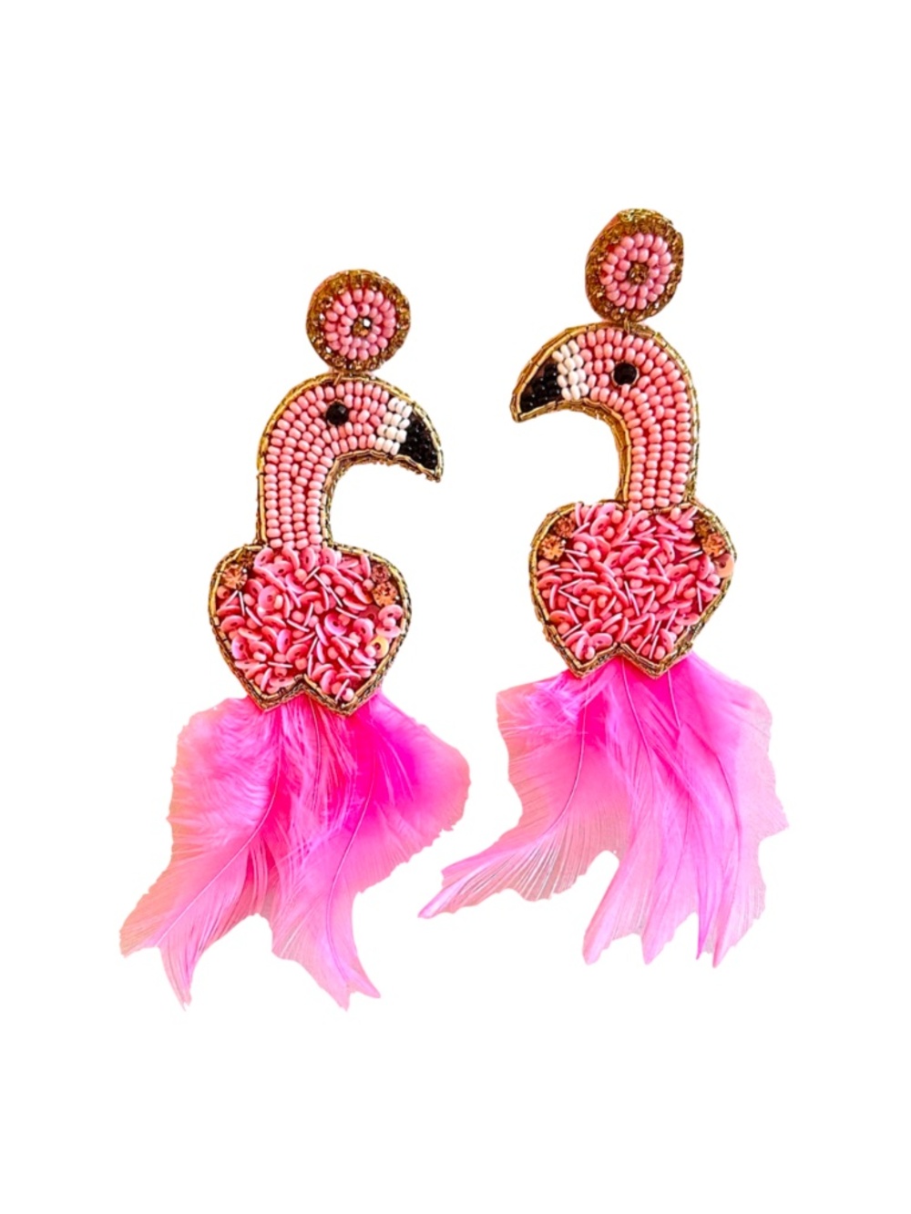 Pink Flamingo Feather Earring, Beaded Statement Earring Lily Posh